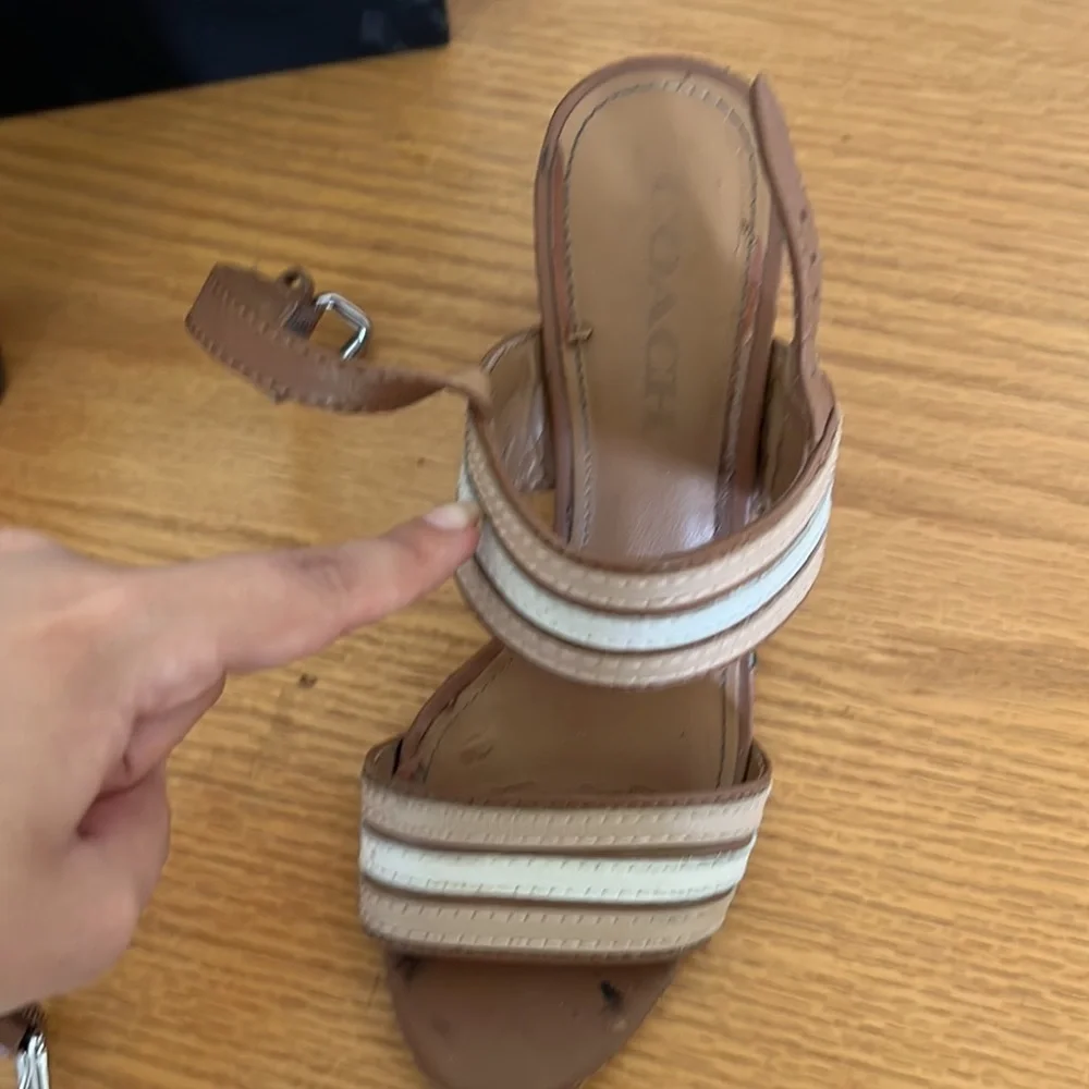Coach Princeton Leather Strappy Slingback Sandal Tan Brown Stripe Block Heel